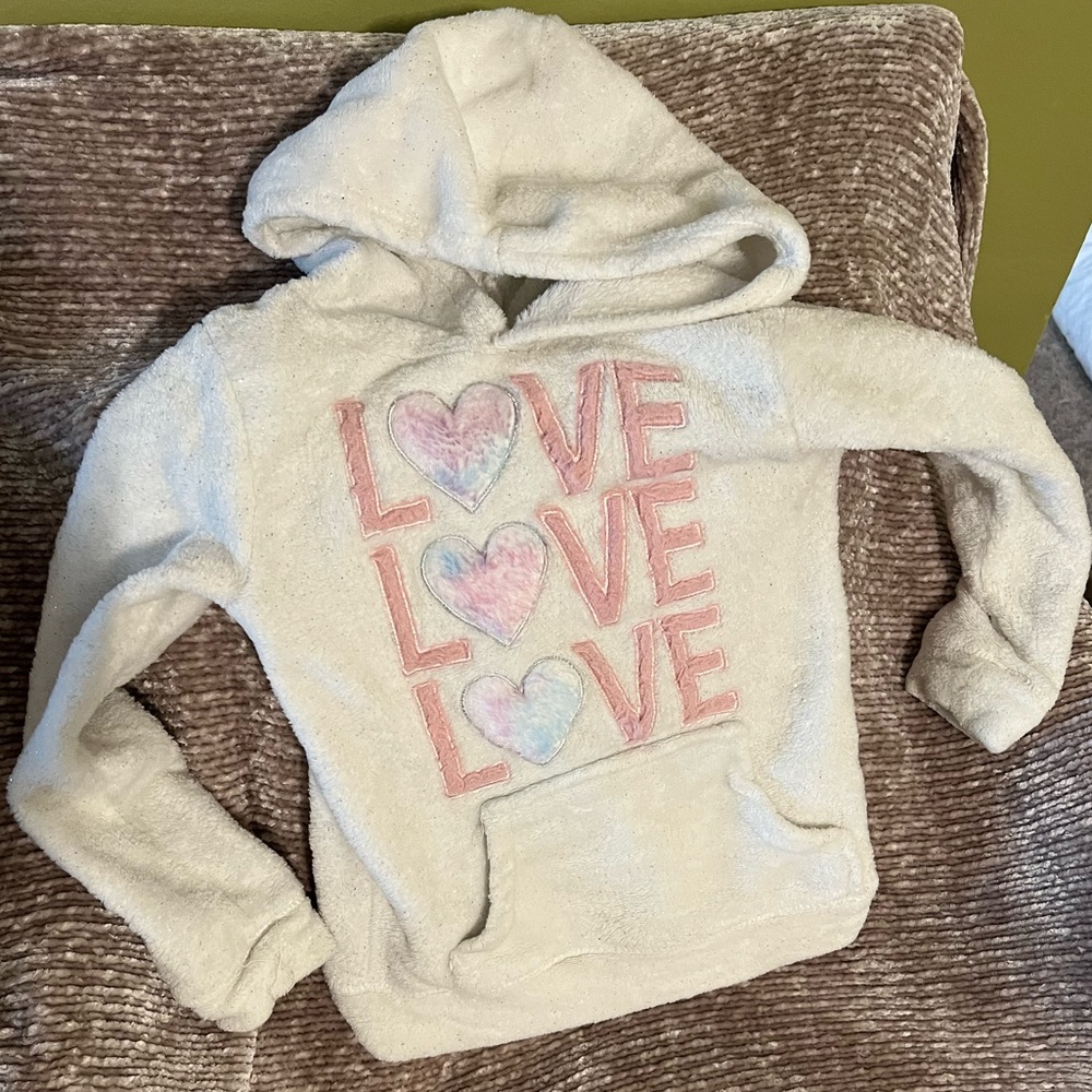 Sparkly white sherpa fleece hooded pull over sweatshirt excellent used condition